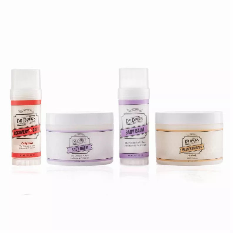 Soothing balm set with baby, magnesium, recovery balms in four containers