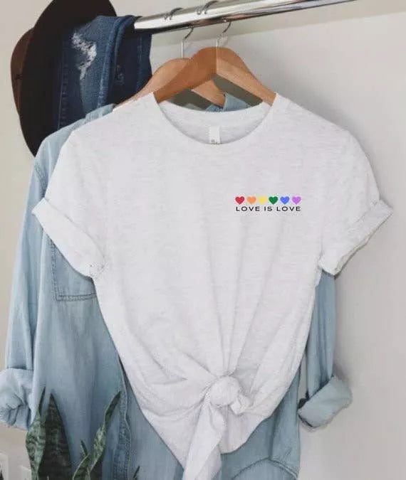 White T-shirt with Love Is Love rainbow heart logo on chest