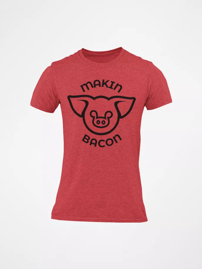 Red crew-neck T-shirt with Makin Bacon logo graphic