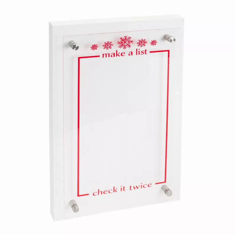 Acrylic holiday wall sign with red border, 'make a list' and blue 'check it twice'