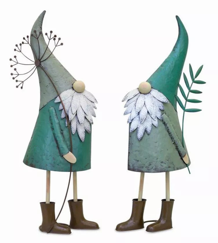 Set of 2 garden gnome figurines with green coats, white feather accents, and brown boots