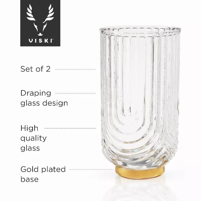 Clear highball glass with draping swirl pattern and gold plated base, one glass