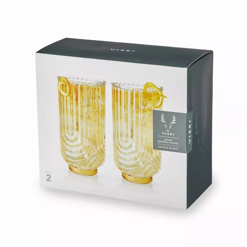 Boxed set of 2 gold-tinted highball glasses with draping swirl pattern