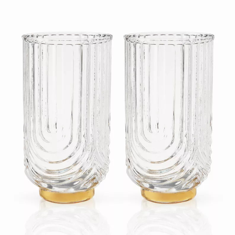 Set of 2 clear highball glasses with draping swirl pattern and gold plated base
