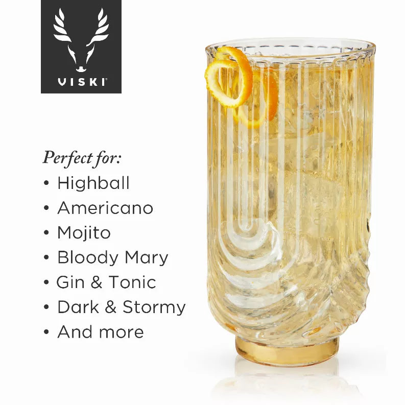 Gold-tinted highball glass with draping swirl pattern and gold plated base