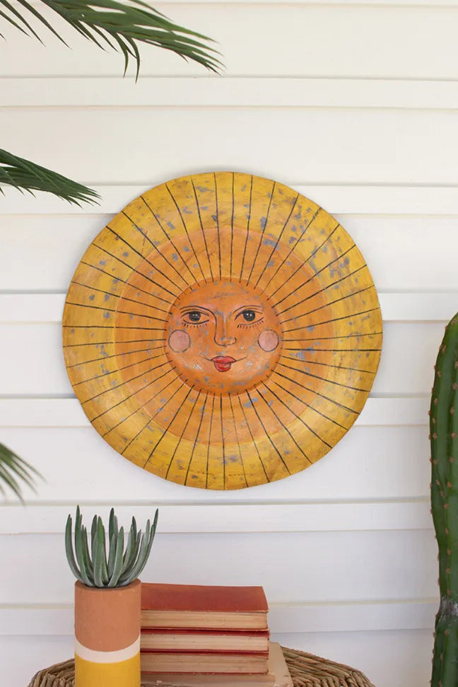 Round hand-hammered recycled metal sun face wall decor, painted details, multicolor