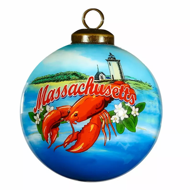Blue hand-painted glass ornament with red lobster and 'Massachusetts' lettering.