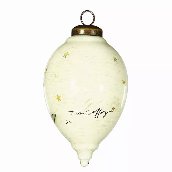 Hand-painted glass ornament with gold cap, cream teardrop, small gold stars