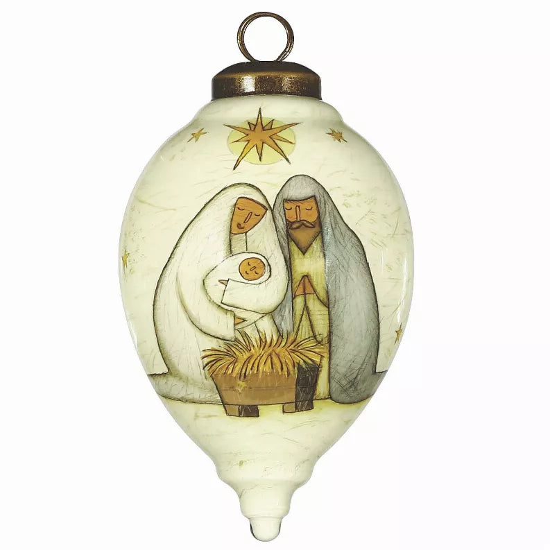 Hand-painted glass ornament with gold cap, cream teardrop nativity figures and gold star
