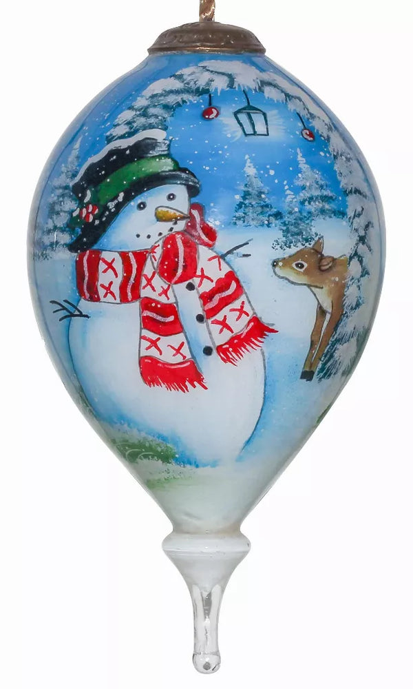 Hand-painted glass ornament with blue snowman and red scarf, plus deer detail