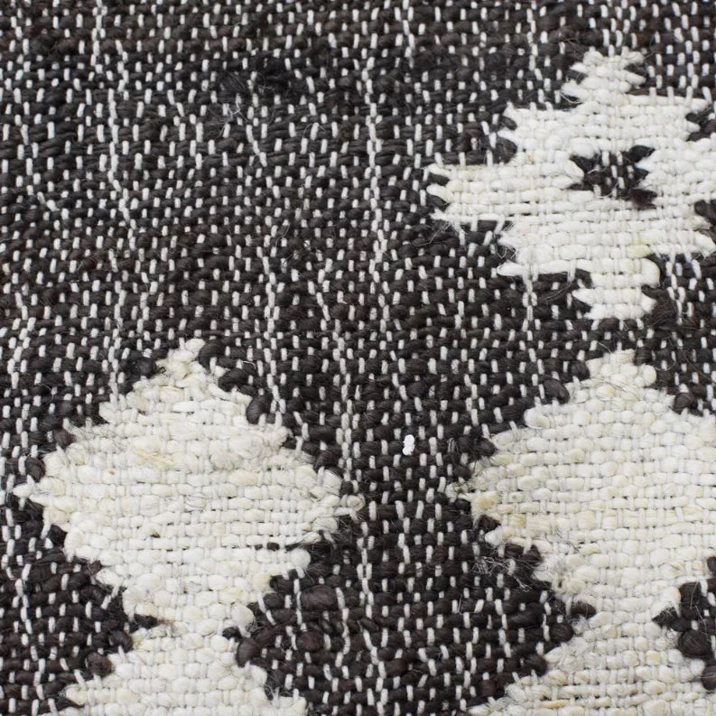 Woven kilim rug section with black and ivory geometric shapes and textured fibers.