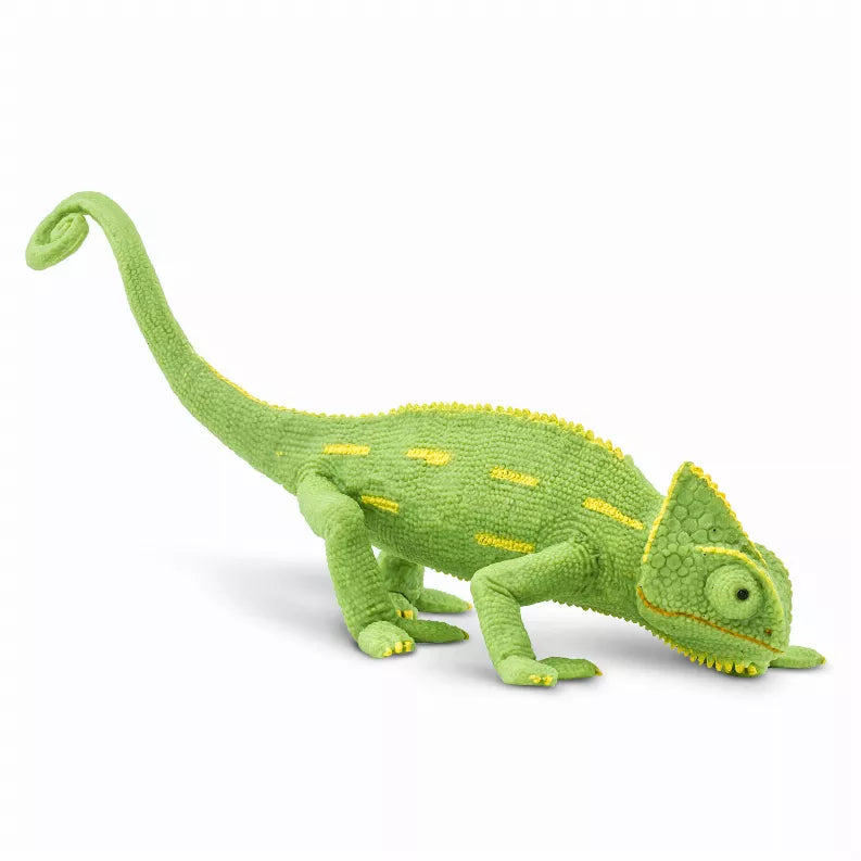 Green plush chameleon baby with curled tail and textured scales