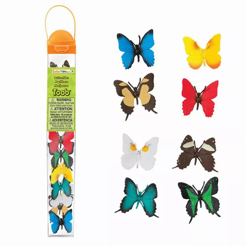 Colorful butterfly stickers on hanging card, assorted blue, yellow, red butterflies