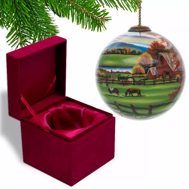 Hand-painted glass farm ornament in red gift box with hanging cord