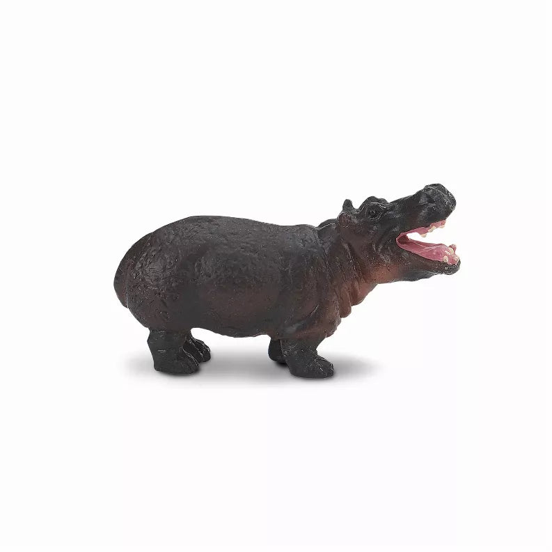 Dark brown hippo figurine with raised legs and open mouth, small animal toy