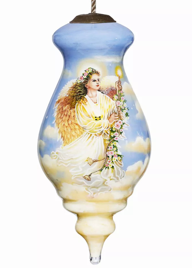 Hand-painted glass ornament with angel holding bouquet, blue and cream swirl design
