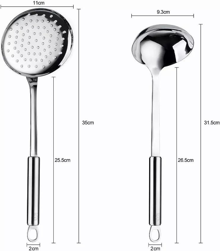 Stainless steel ladle and perforated skimmer spoon with chrome handles