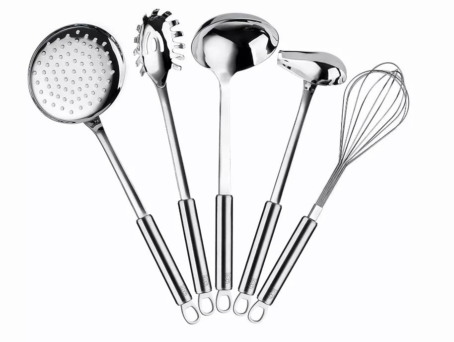 Set of 5 stainless steel cooking spoons with chrome heads and handles