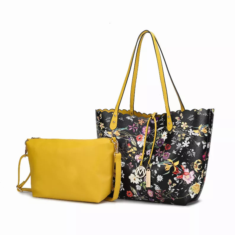 Reversible shopper tote set: black floral tote with yellow trim and a solid yellow pouch