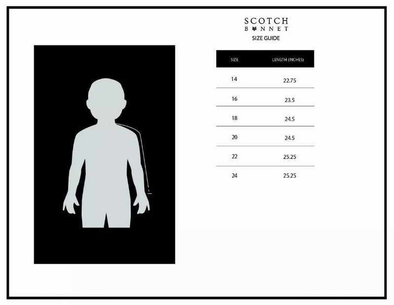 Size guide card with child silhouette and size chart in inches