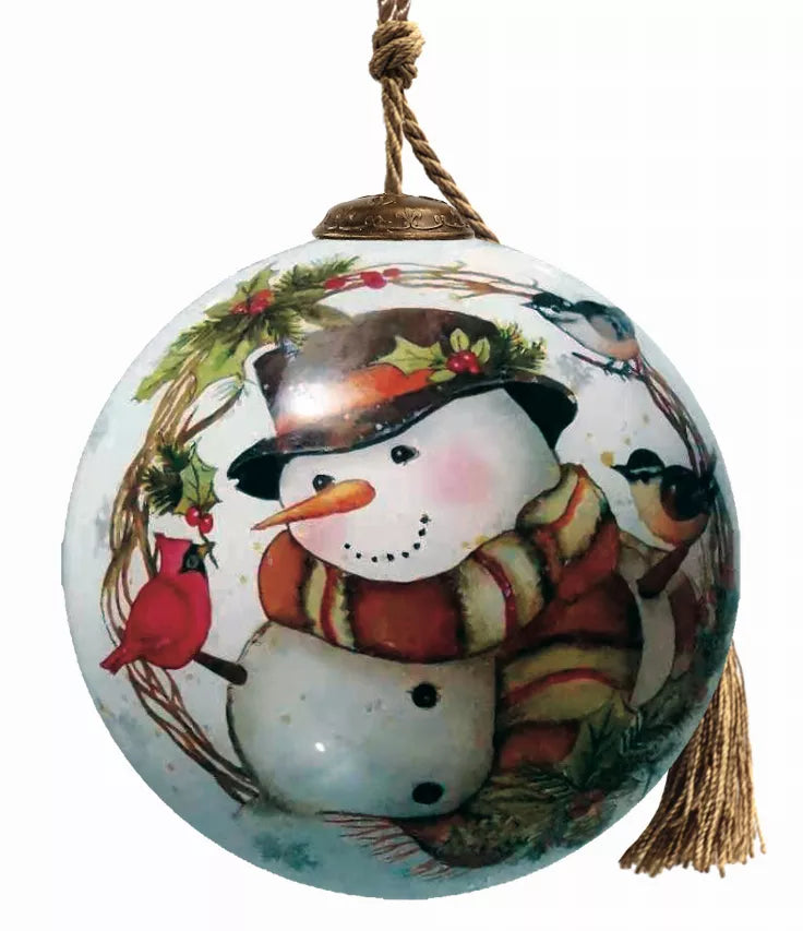 Hand-painted winter snowman glass ornament ball with ribbon and hanging tassel