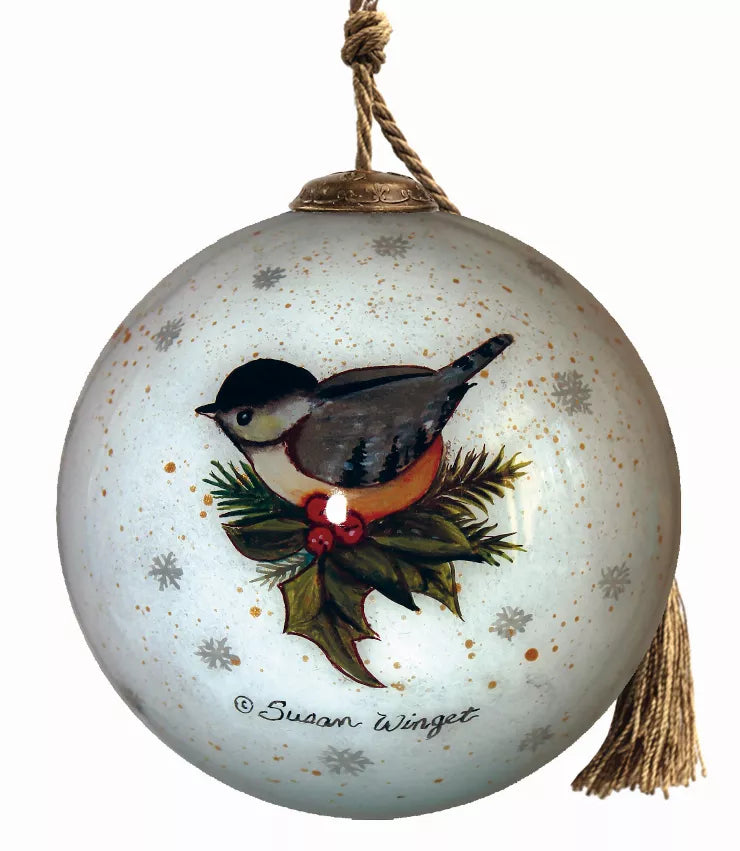 Hand-painted bird winter glass ornament ball with ribbon bow and hanging tassel