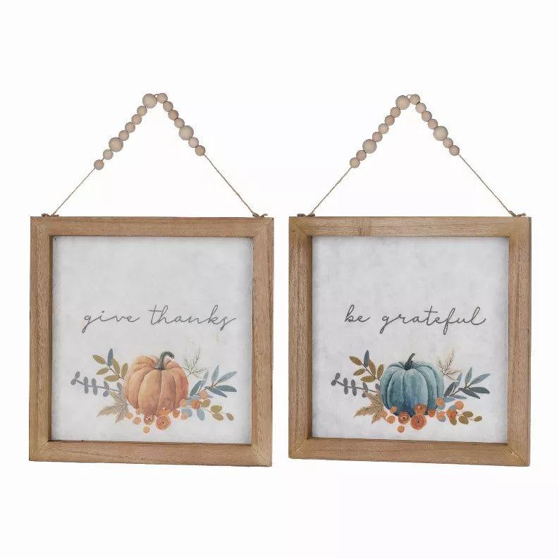 Set of 2 square wood pumpkin picture frames with hanging rope and fall quote art