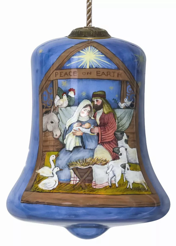 Blue hand-painted nativity bell glass ornament.