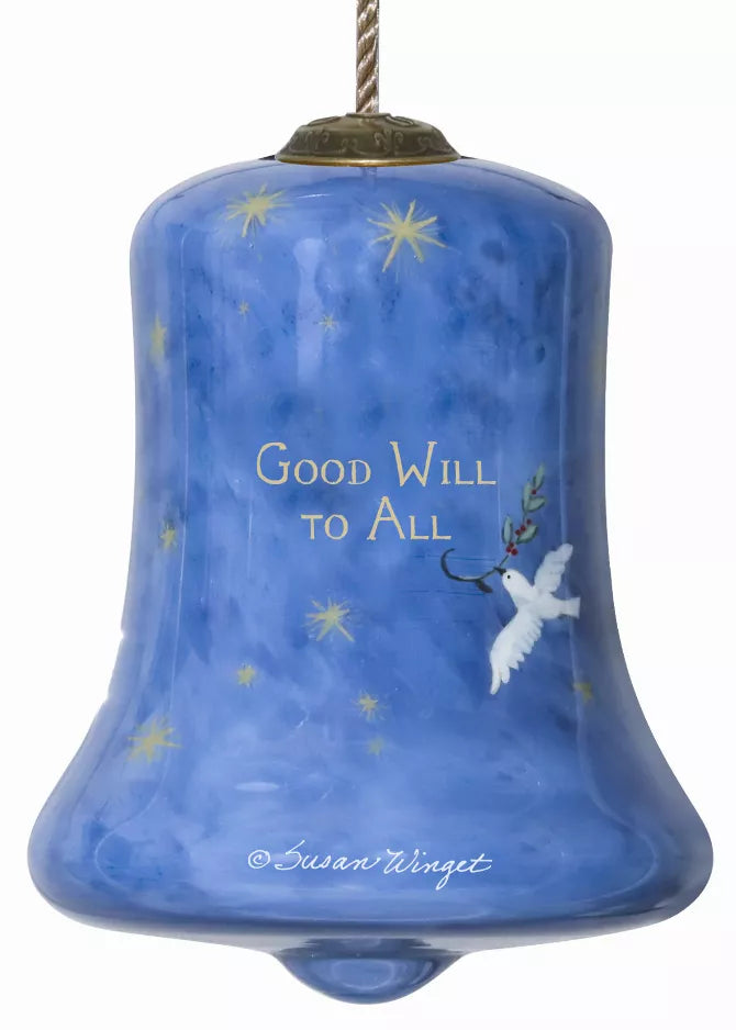 Blue hand-painted glass bell ornament with Good Will to All text.