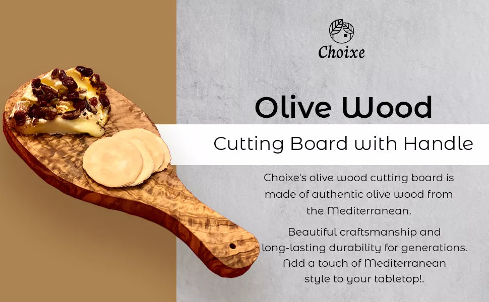 Olive wood cutting board with oval handle, visible grain and small knot holes