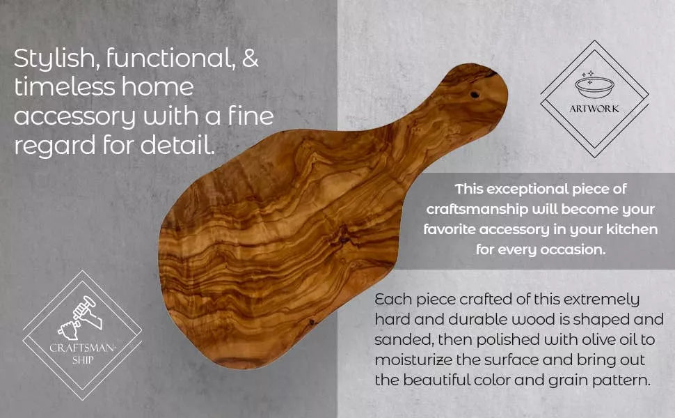 Olive wood serving board with built-in handle, detailed olive-brown wood grain