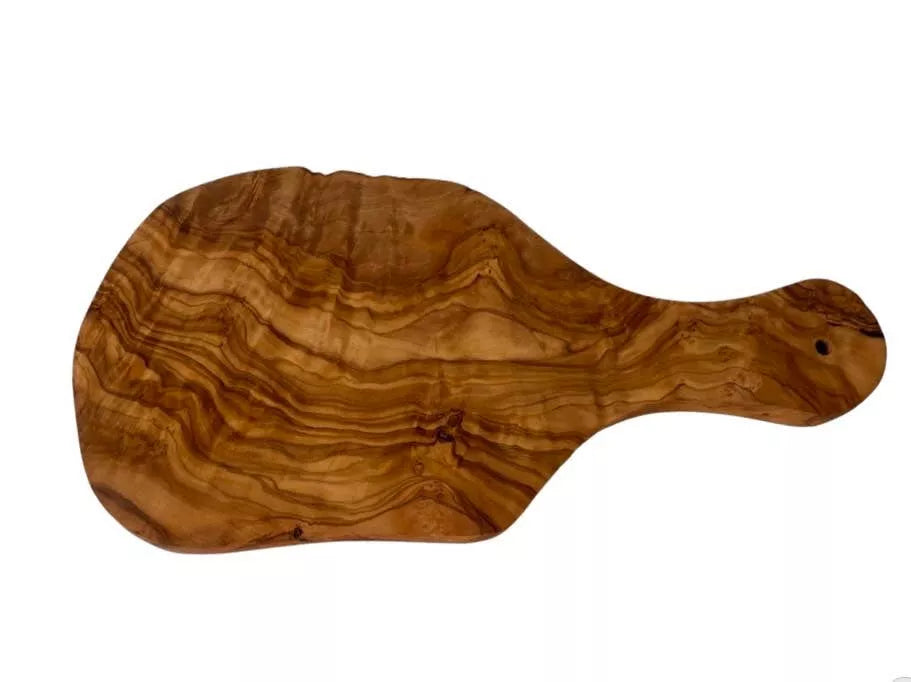 Olive wood cutting board with long handle and wavy grain, knot details