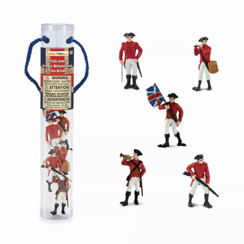 Packaged British Army toy soldier set in clear tube with red coats and white pants