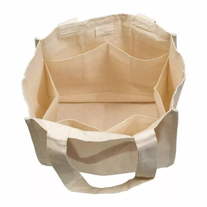 Reusable organic cotton mesh tote bag with interior sleeves, open top, beige