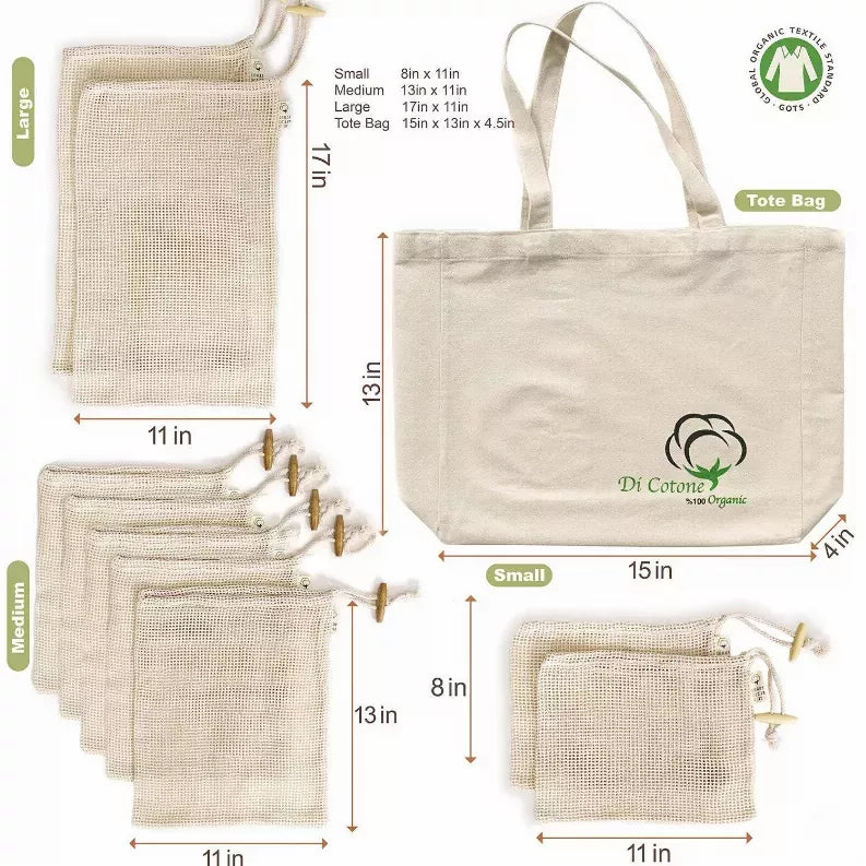 Reusable cotton tote mesh bag and matching storage pouches, beige, logo shown