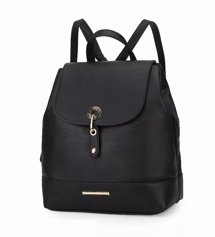 Black vegan leather backpack with front flap and metal clasp, adjustable shoulder straps