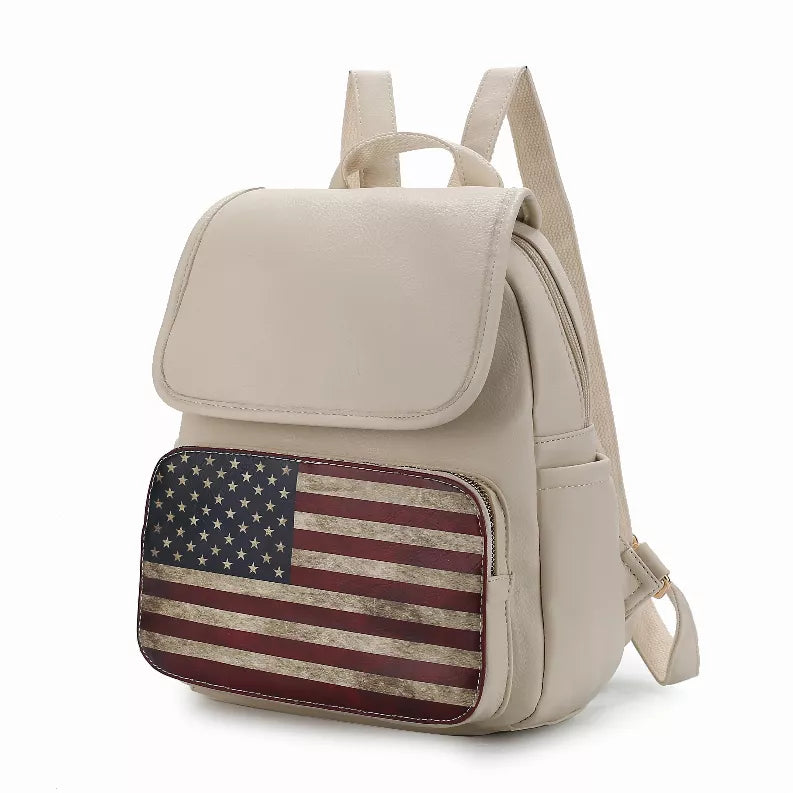 Beige vegan leather women's backpack with American flag front pocket and zipper top