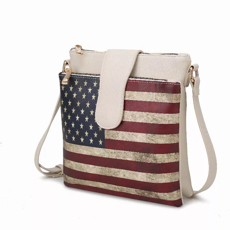 Beige vegan leather crossbody bag with flap and American flag panel