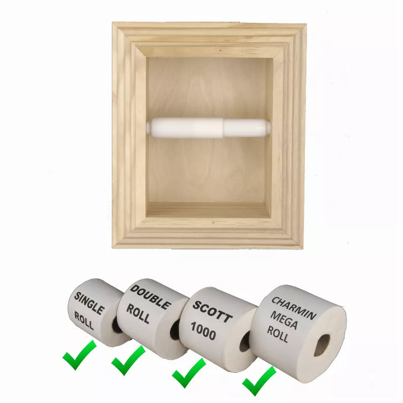 Recessed solid wood toilet paper holder front view with white roll and unmounted paper roll examples.