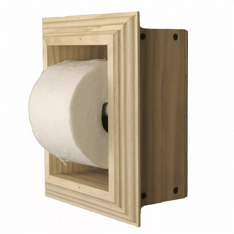 Recessed toilet paper holder frame in light wood with paper roll