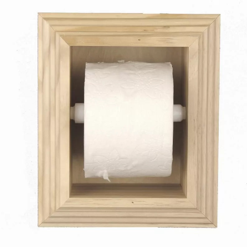Recessed solid wood toilet paper holder shown from the front with a white paper roll inside.