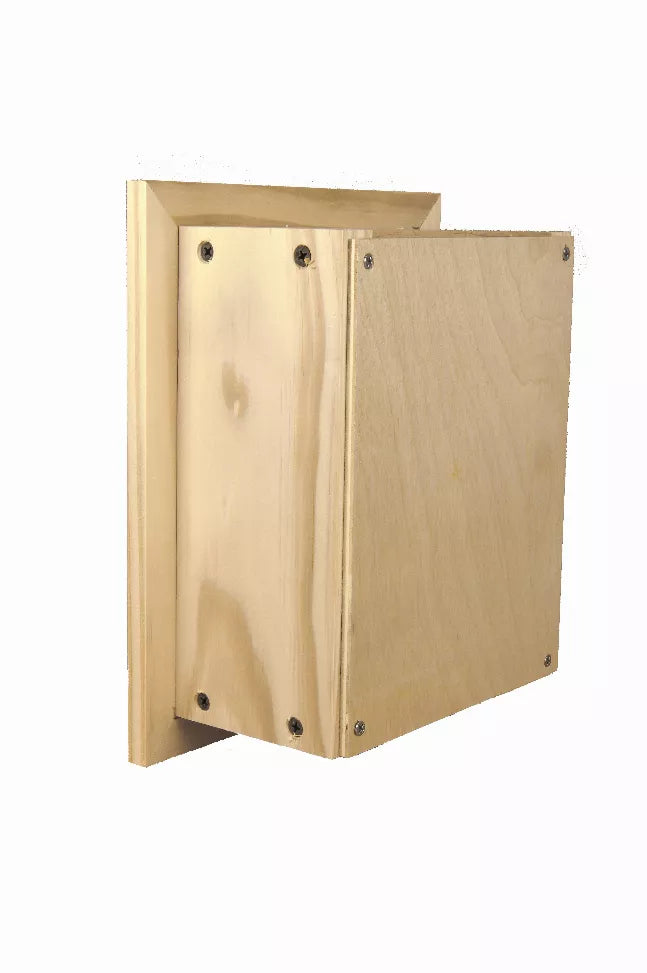 Light wood recessed toilet paper holder with visible metal screws at corners