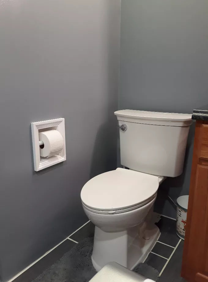 Recessed toilet paper holder installed beside toilet with wall-mounted frame