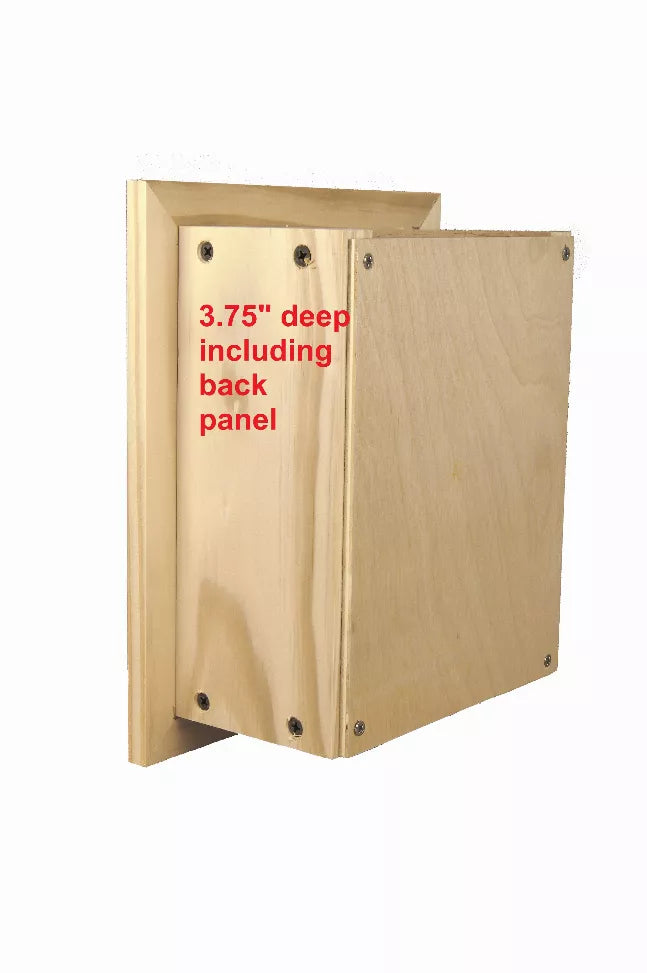 Recessed toilet paper holder back panel in light wood with mounting holes