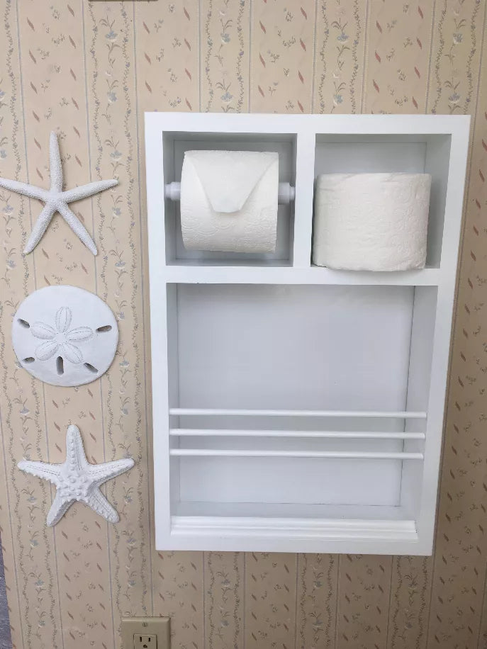 White toilet paper holder cabinet mounted on wall with two roll compartments