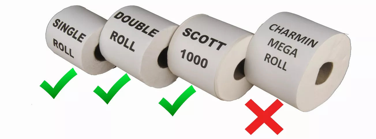 Toilet paper roll fit guide with single and double roll compatibility shown