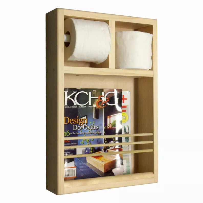 Unfinished wood toilet paper holder combination with two roll holders and shelf