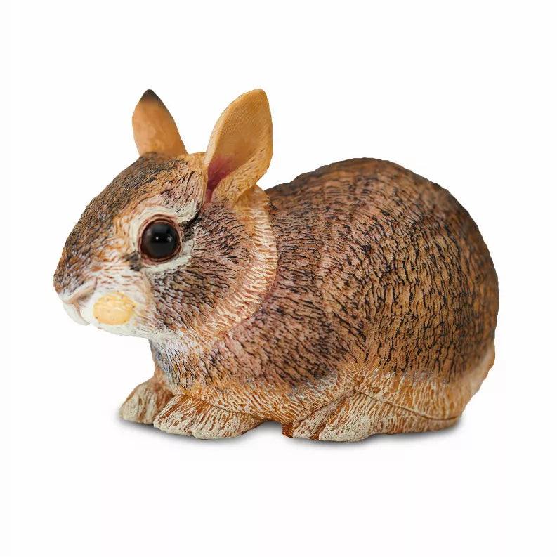 Seated brown cottontail rabbit baby figurine with tan face and belly
