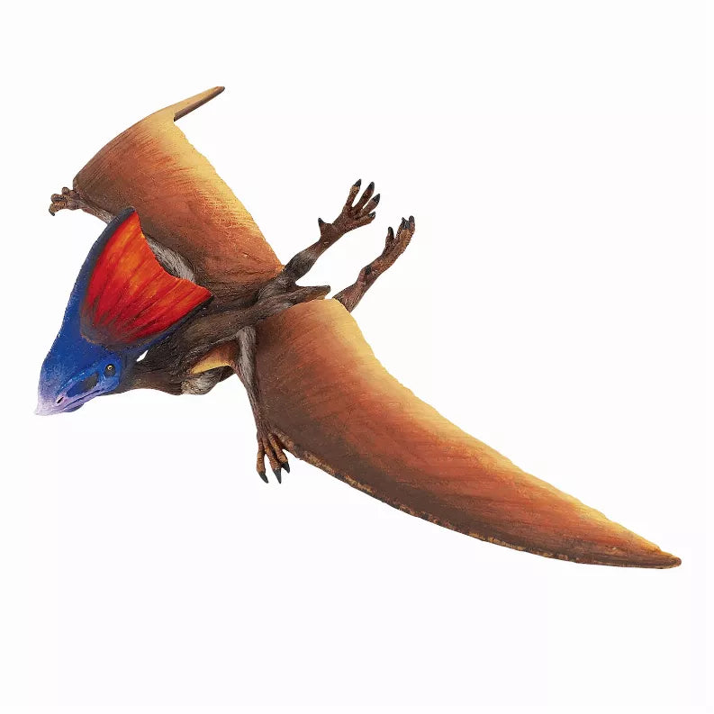 Tapejara dinosaur figure with blue head, brown wings and red underside