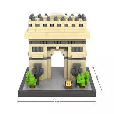 Triumphal arch building set with beige gate, gray base, green trees, two figures